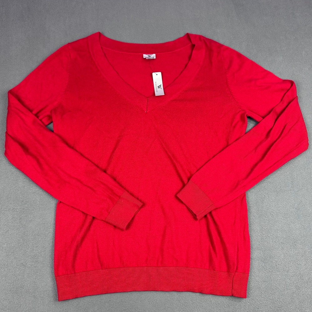 Worthington Womens Red V-Neck Long Sleeve Sweater 2XLT Cotton Blend 234-1017